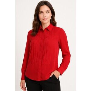 Chico's Womens Blouse Red Sheer Pleated Shirt Size 2 US 12 Button Long Sleeve